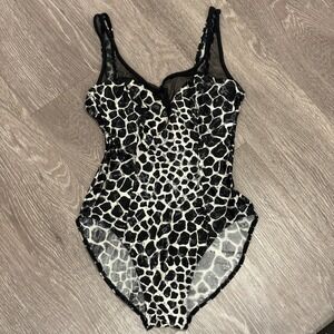 Sunflair Jutta Friemann Black Giraffe Print Mesh One Piece Swimsuit High Cut‎ 12